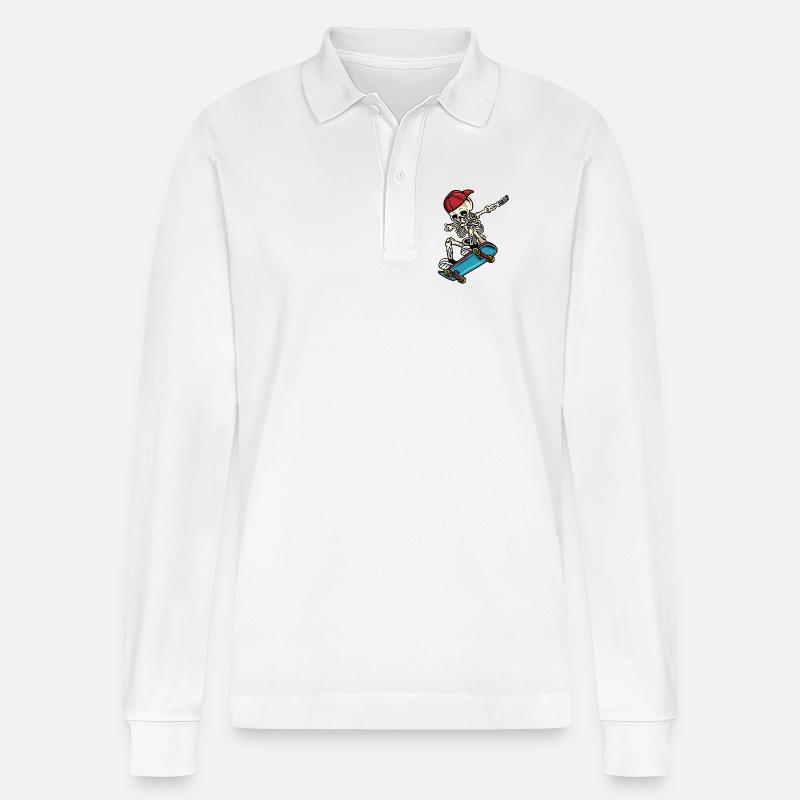 Dabbing Skelett Skateboard - Stanley/Stella Unisex Bio-Langarm-Poloshirt Prepster - Weiß
