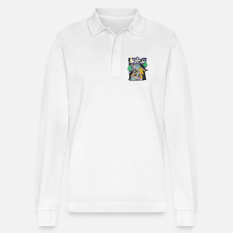 Zombie Grabstein Pizza lustig - Stanley/Stella Unisex Bio-Langarm-Poloshirt Prepster - Weiß