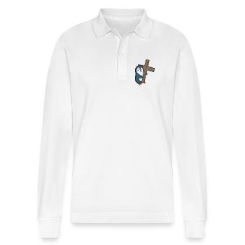 Penguin with cross - Stanley/Stella Organic Unisex Long-Sleeved Polo Shirt Prepster - white - Front - Anna (173cm) & Nico (186cm)