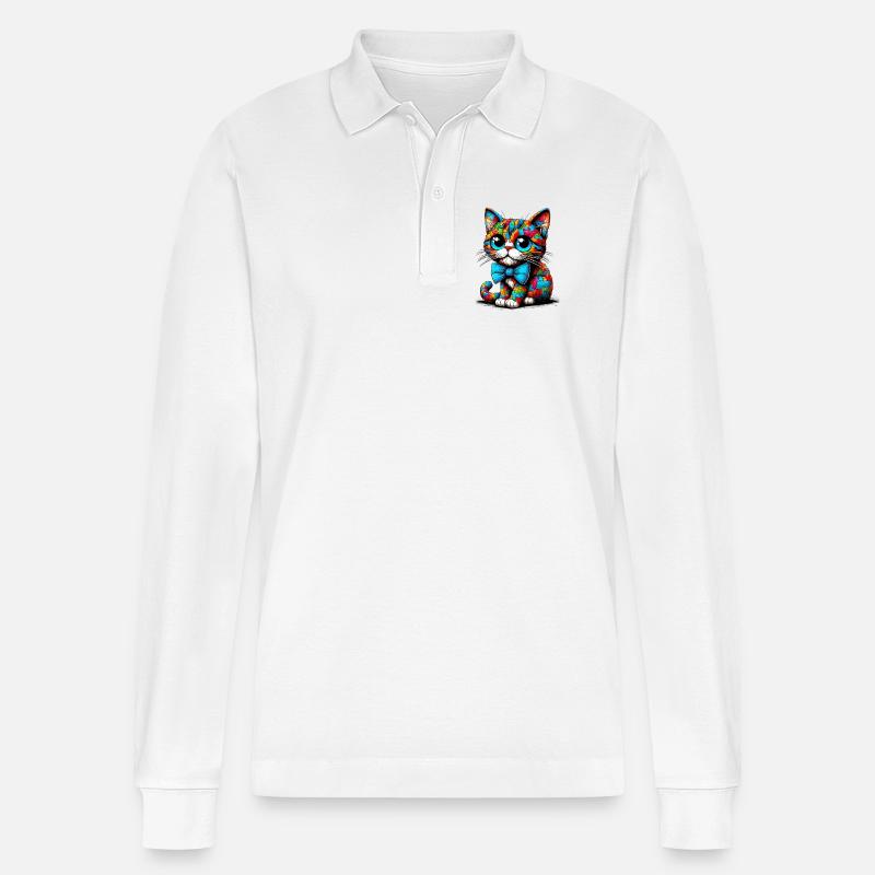 Katze mit Fliege - Stanley/Stella Unisex Bio-Langarm-Poloshirt Prepster - Weiß