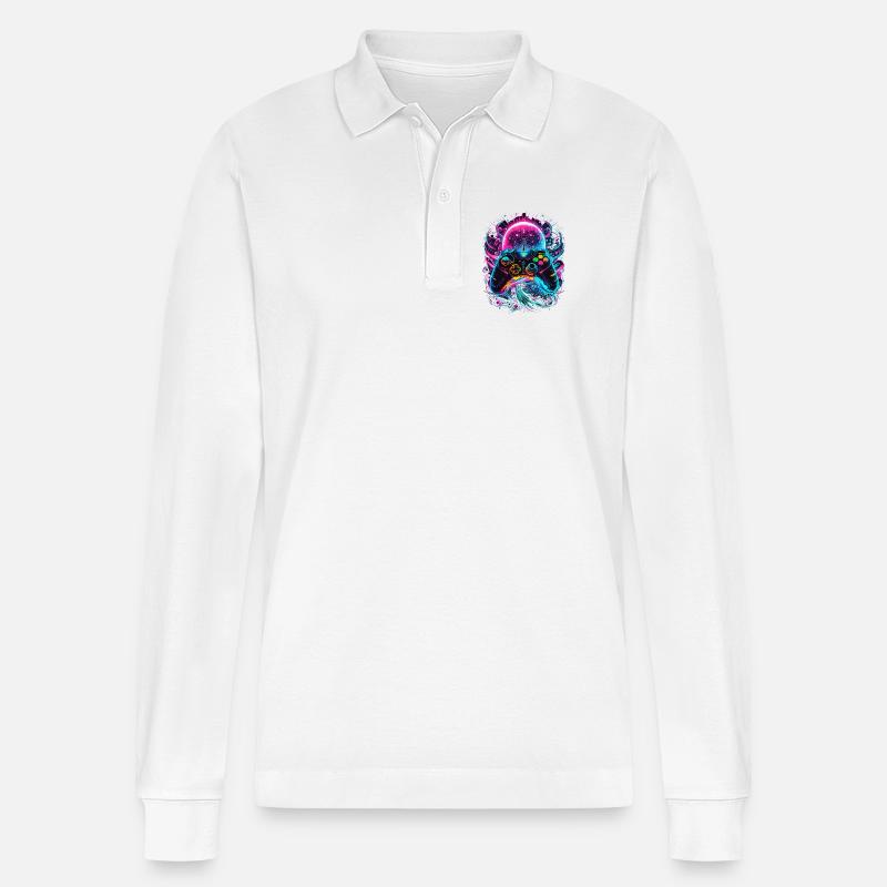 Synthwave Cyberpunk Gaming Controller - Stanley/Stella Unisex Bio-Langarm-Poloshirt Prepster - Weiß