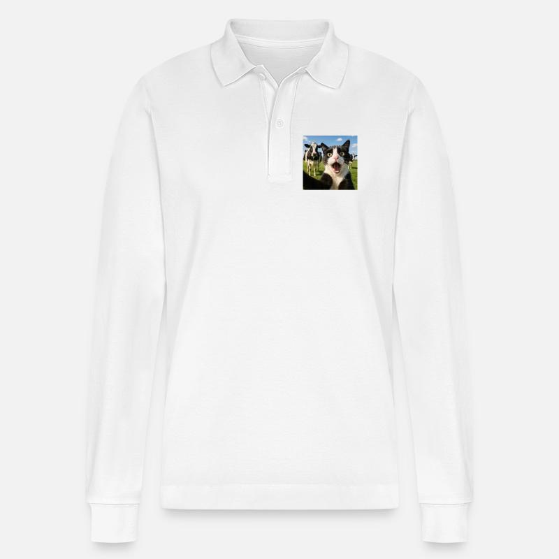 Lustige Katze Kuh Selfie Geschenkidee - Stanley/Stella Unisex Bio-Langarm-Poloshirt Prepster - Weiß