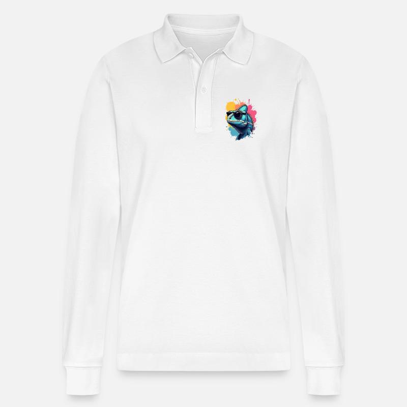 Cooles Chamäleon mit Sonnenbrille - Stanley/Stella Unisex Bio-Langarm-Poloshirt Prepster - Weiß