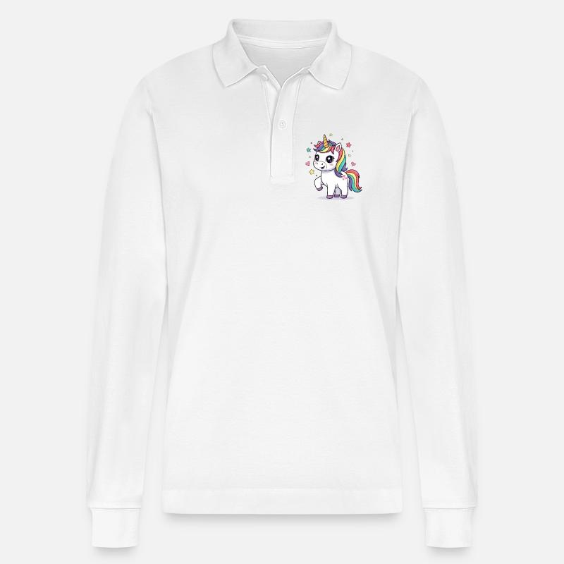 Verspieltes Einhorn mit Regenbogenmähne - Stanley/Stella Unisex Bio-Langarm-Poloshirt Prepster - Weiß