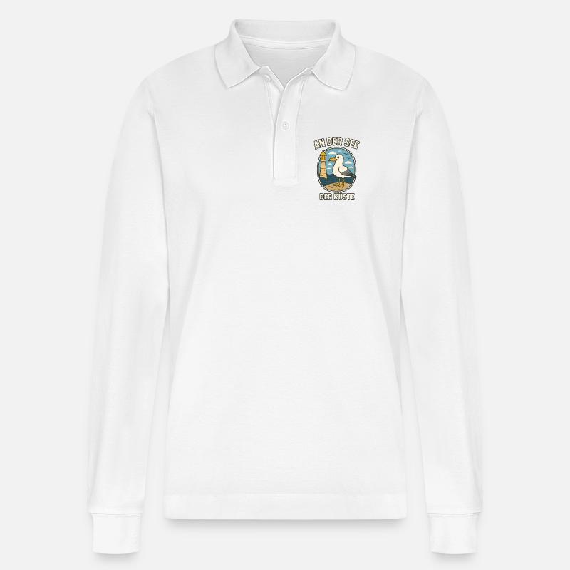 Seemöwe am Küstenleuchtturm - Stanley/Stella Unisex Bio-Langarm-Poloshirt Prepster - Weiß