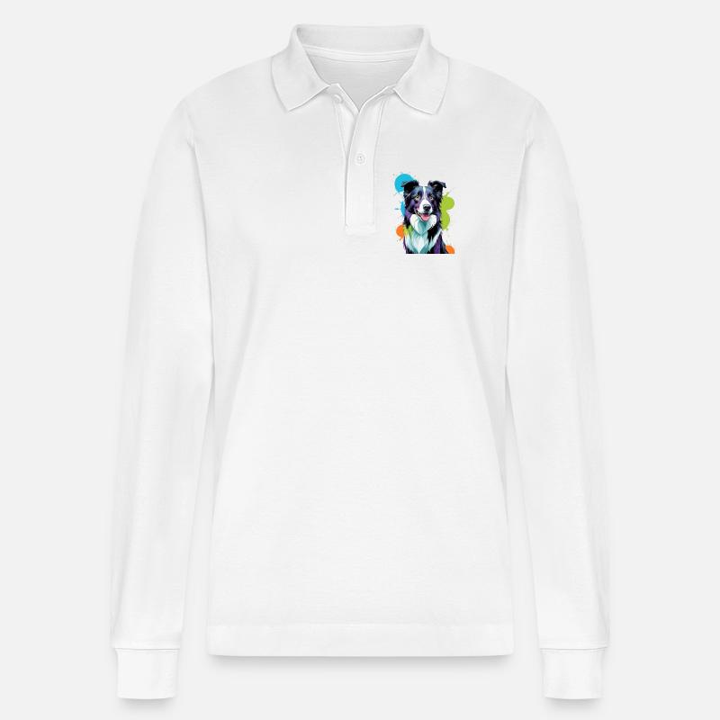 Buntgespritzter Border Collie - Stanley/Stella Unisex Bio-Langarm-Poloshirt Prepster - Weiß