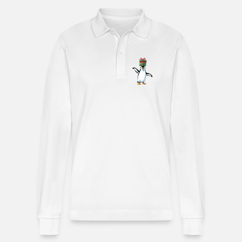 Pinguin mit Geschenk auf Kopf - Stanley/Stella Unisex Bio-Langarm-Poloshirt Prepster - Weiß