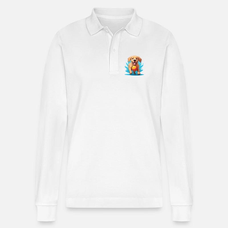 Fröhlicher Hund mit Ball Cartoon - Stanley/Stella Unisex Bio-Langarm-Poloshirt Prepster - Weiß
