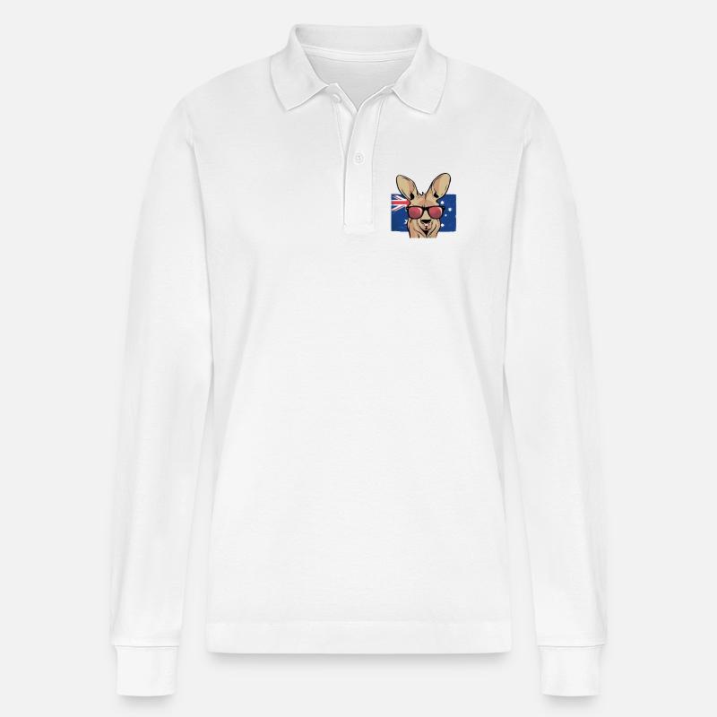 Känguru mit Sonnenbrillen Aussie Flagge - Stanley/Stella Unisex Bio-Langarm-Poloshirt Prepster - Weiß
