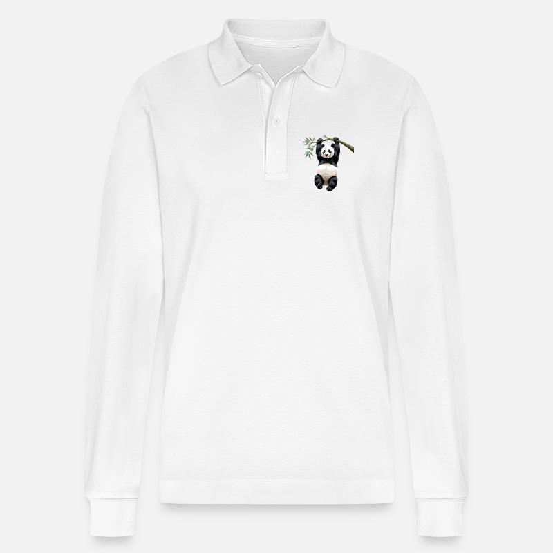 Hängender Panda Bambuszweig - Stanley/Stella Unisex Bio-Langarm-Poloshirt Prepster - Weiß