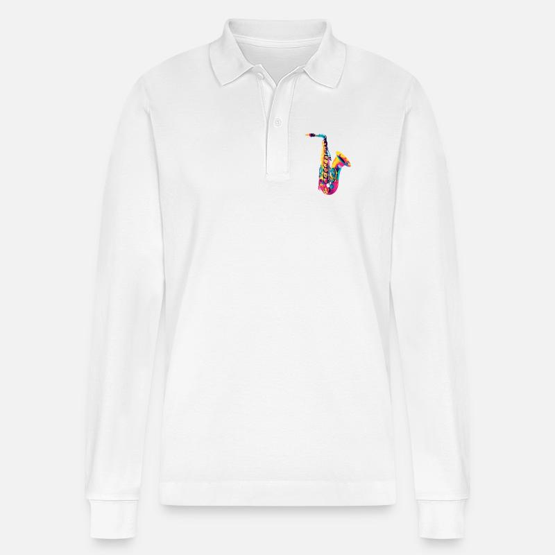 Leuchtendes Saxophon Farbexplosion - Stanley/Stella Unisex Bio-Langarm-Poloshirt Prepster - Weiß