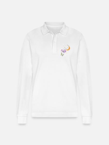 Flower with Moon Line Art Illustration - Stanley/Stella Organic Unisex Long-Sleeved Polo Shirt Prepster - white