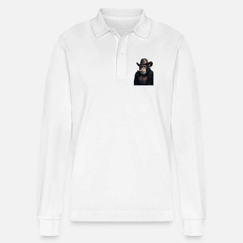 Schimpanse mit Cowboyhut und Zigarre - Stanley/Stella Unisex Bio-Langarm-Poloshirt Prepster - Weiß