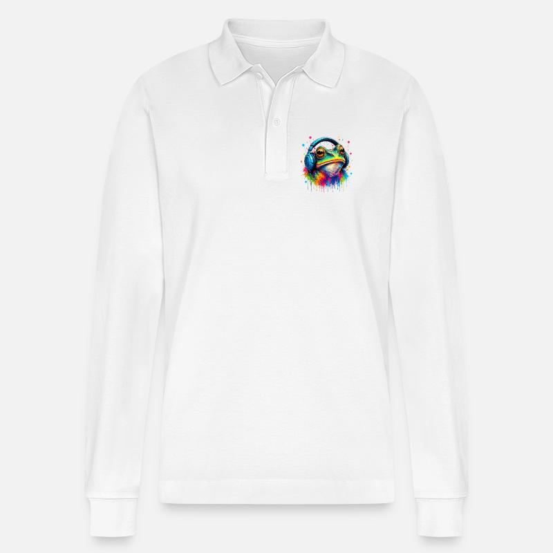 Farbexplosion Frosch mit Kopfhörern - Stanley/Stella Unisex Bio-Langarm-Poloshirt Prepster - Weiß