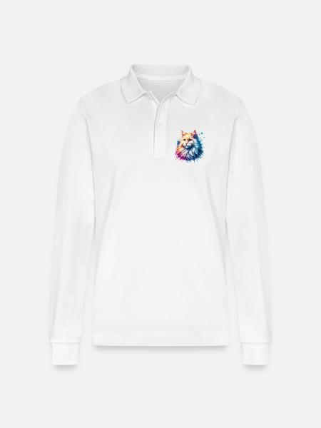 Turkish Angora Cat Motif - Stanley/Stella Organic Unisex Long-Sleeved Polo Shirt Prepster - white