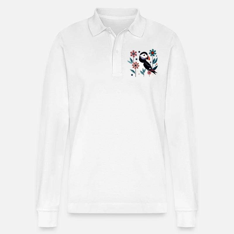 Papageitaucher mit Blumen - Stanley/Stella Unisex Bio-Langarm-Poloshirt Prepster - Weiß