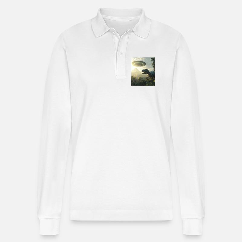 T-Rex Selfie mit UFO - Stanley/Stella Unisex Bio-Langarm-Poloshirt Prepster - Weiß