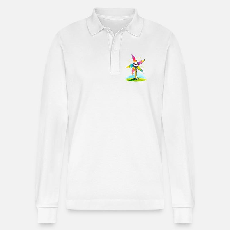 Regenbogenwindmühle Lächeln - Stanley/Stella Unisex Bio-Langarm-Poloshirt Prepster - Weiß