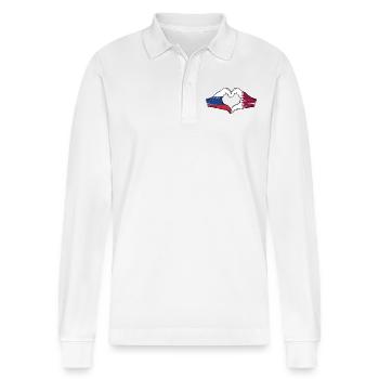 Russia Qatar flag hands heart shape used - Stanley/Stella Organic Unisex Long-Sleeved Polo Shirt Prepster - white - Front - Anna (173cm) & Nico (186cm)