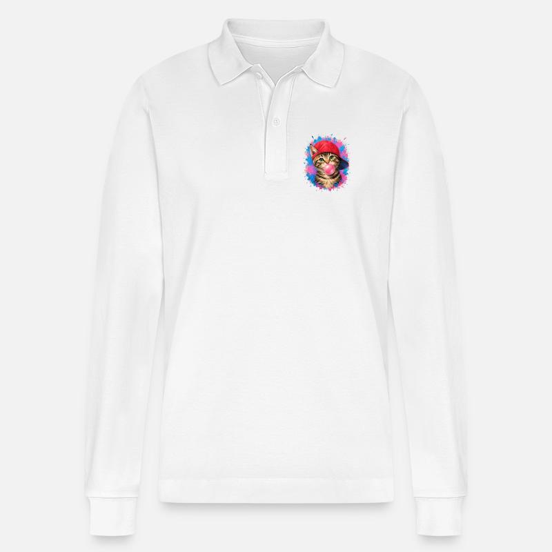 Coole Katze mit Cap und Kaugummi - Stanley/Stella Unisex Bio-Langarm-Poloshirt Prepster - Weiß