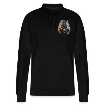 Ein Wikingerkrieger, der Schlagzeug spielt. - Stanley/Stella Unisex Bio-Langarm-Poloshirt Prepster - Schwarz - Vorne - Anna (173cm) & Nico (186cm)