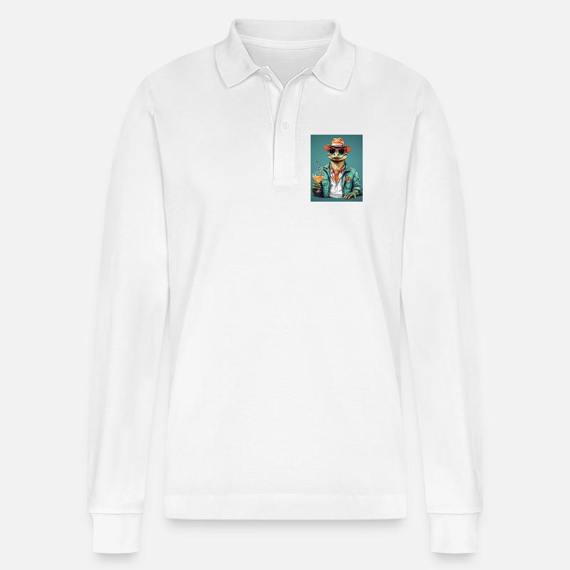 Cooler Alligator mit Cocktail - Stanley/Stella Unisex Bio-Langarm-Poloshirt Prepster - Weiß