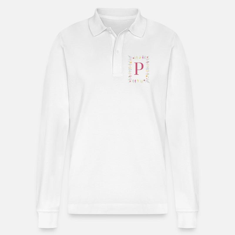 Florale Initialen "P", Buchstaben Monogramm - Stanley/Stella Unisex Bio-Langarm-Poloshirt Prepster - Weiß