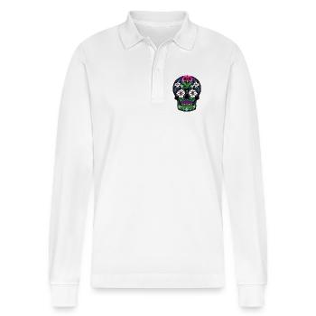 Floraler Zuckerschädel | Mexikanischer Tag der Toten - Stanley/Stella Unisex Bio-Langarm-Poloshirt Prepster - Weiß - Vorne - Anna (173cm) & Nico (186cm)
