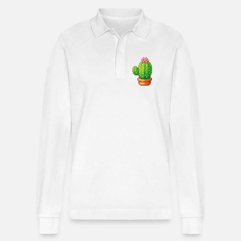 Pixelkaktus mit Blüte - Stanley/Stella Unisex Bio-Langarm-Poloshirt Prepster - Weiß