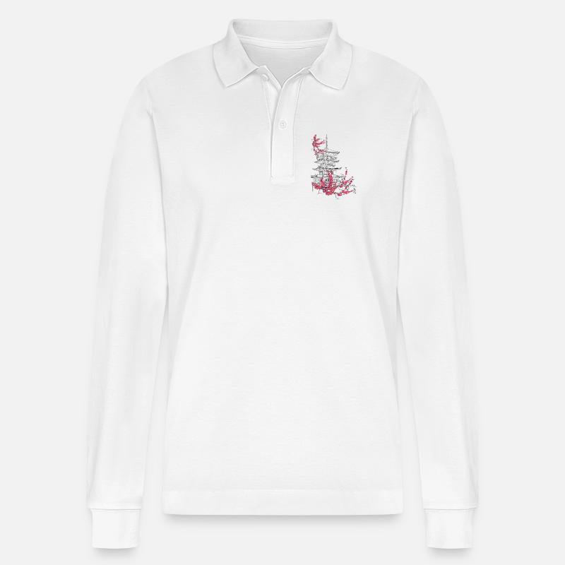 Pagode und Sakura - Stanley/Stella Unisex Bio-Langarm-Poloshirt Prepster - Weiß