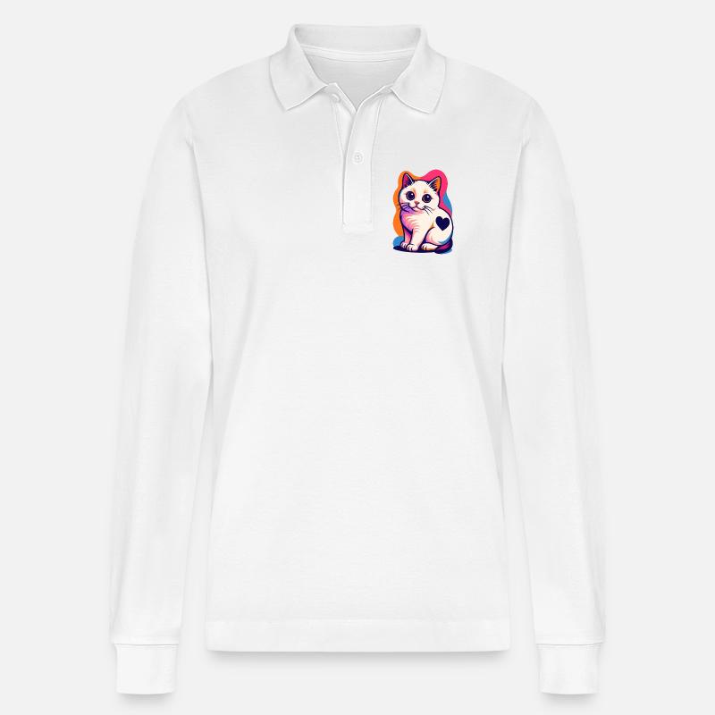 Bunte Katze mit Herz-Akzent - Stanley/Stella Unisex Bio-Langarm-Poloshirt Prepster - Weiß