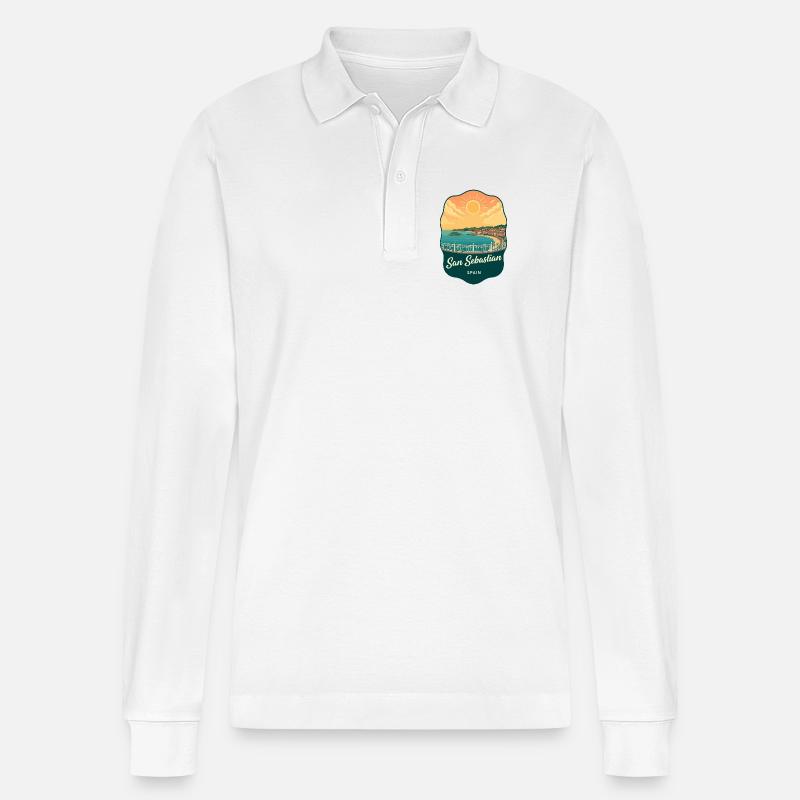 San Sebastian La Concha Retro-Sonnenuntergangsabzeichen - Stanley/Stella Unisex Bio-Langarm-Poloshirt Prepster - Weiß