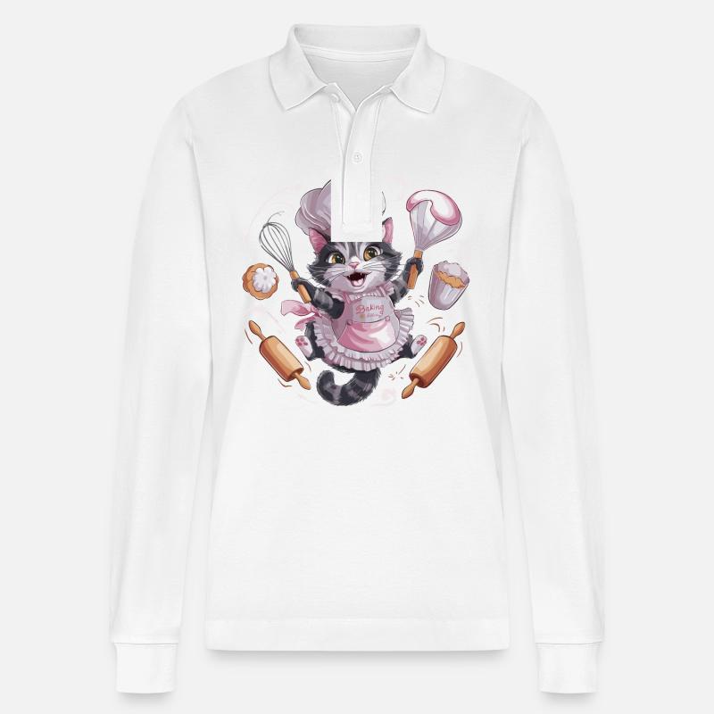 Liebenswerte Katze beim Backen - Stanley/Stella Unisex Bio-Langarm-Poloshirt Prepster - Weiß