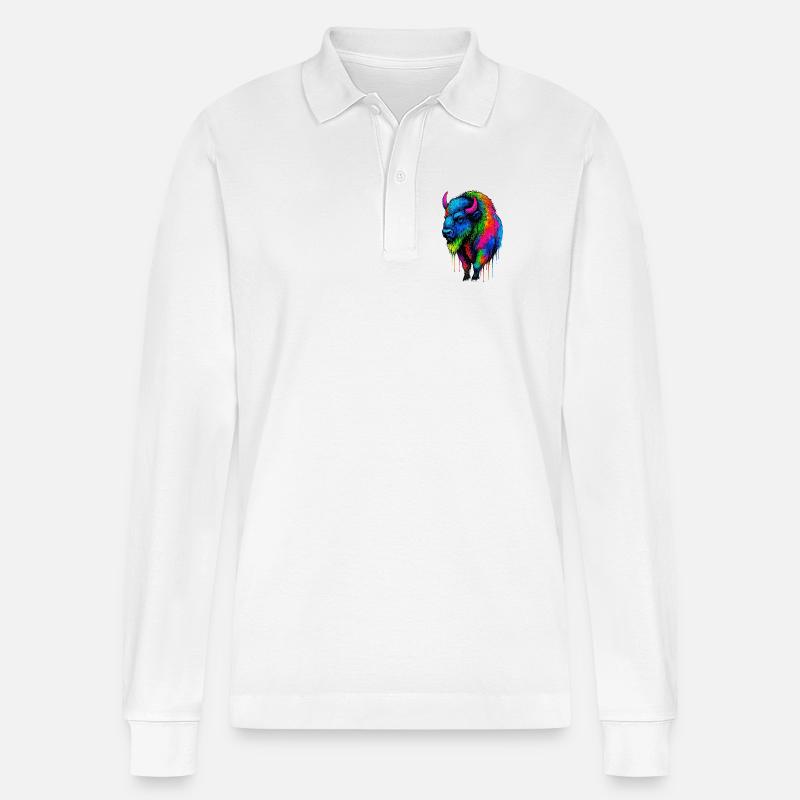 Bunter Bison Farbexplosion - Stanley/Stella Unisex Bio-Langarm-Poloshirt Prepster - Weiß