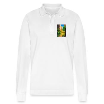 Green route between skyscrapers - Stanley/Stella Organic Unisex Long-Sleeved Polo Shirt Prepster - white - Front - Anna (173cm) & Nico (186cm)
