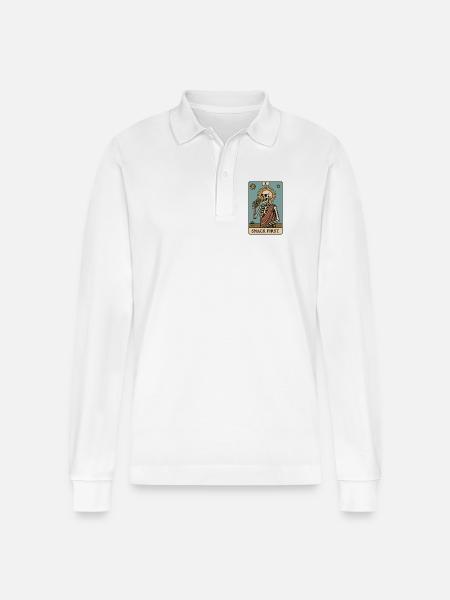 Snack First Skeleton Funny Saying Halloween - Stanley/Stella Organic Unisex Long-Sleeved Polo Shirt Prepster - white