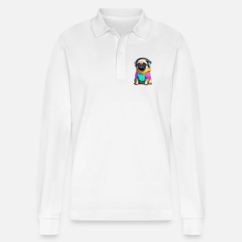 Pug mit Kopfhörer und Kleidung - Stanley/Stella Unisex Bio-Langarm-Poloshirt Prepster - Weiß