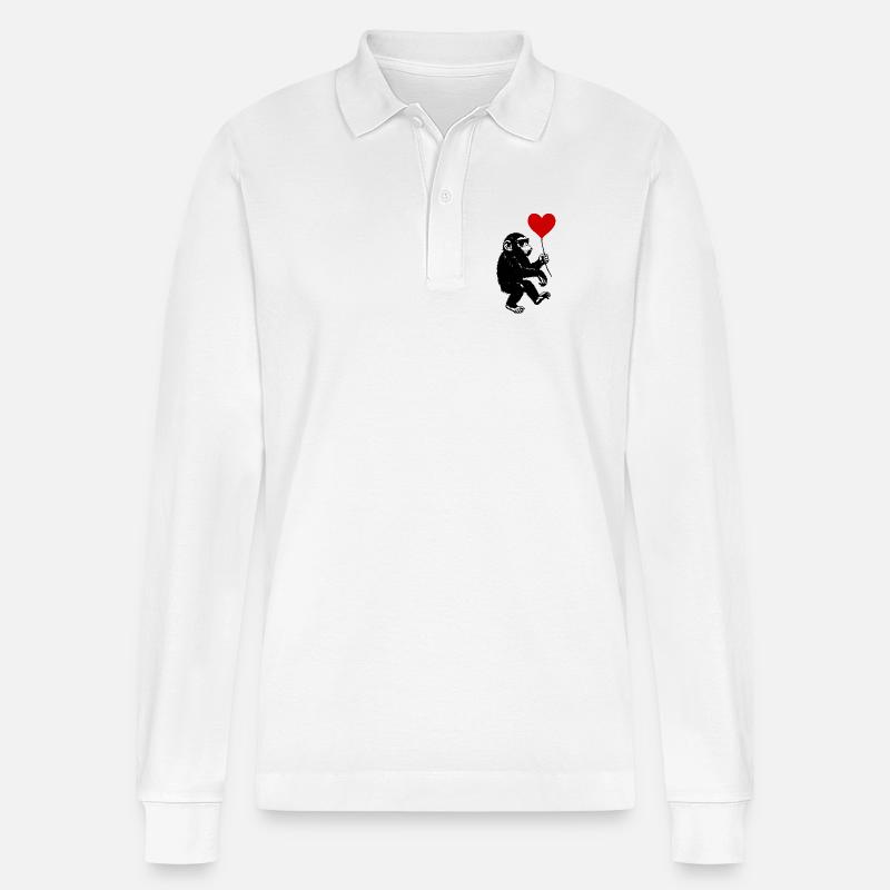 Affe mit rotem Herz Ballon - Stanley/Stella Unisex Bio-Langarm-Poloshirt Prepster - Weiß