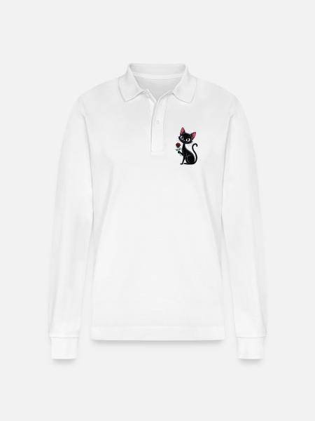 Black Cat T-Shirt with Rose - Stanley/Stella Organic Unisex Long-Sleeved Polo Shirt Prepster - white