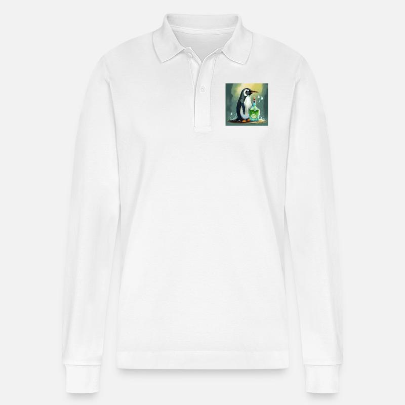 Pinguin mit einer Gin-Tonic-Flasche - Stanley/Stella Unisex Bio-Langarm-Poloshirt Prepster - Weiß