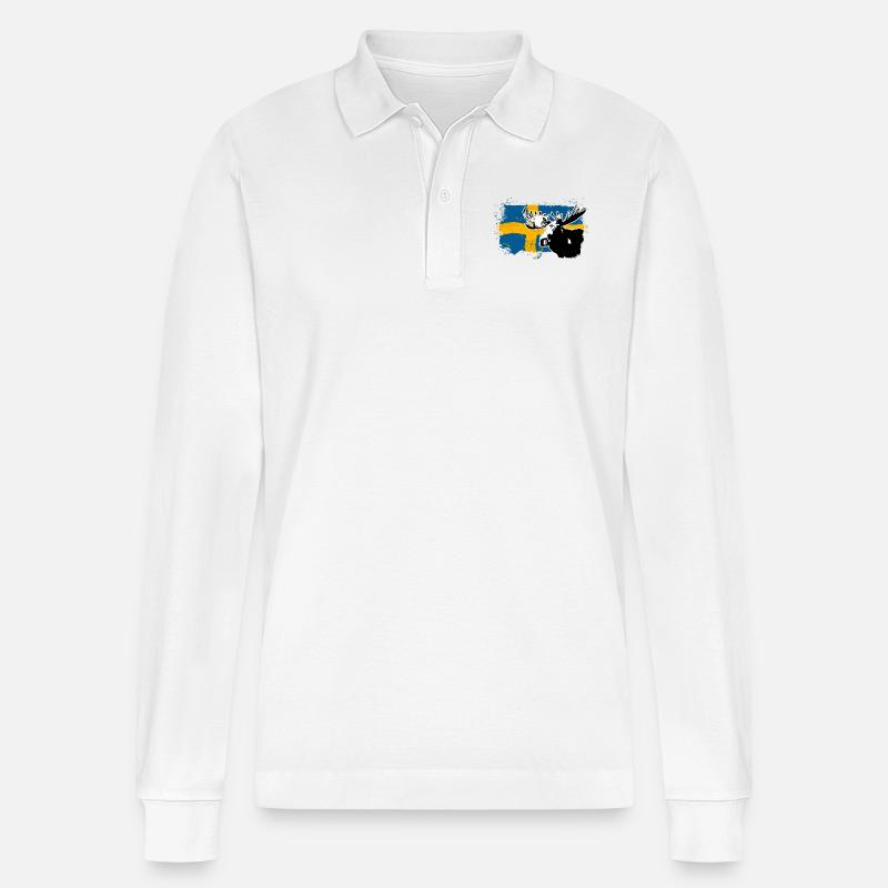 Sweden - Moose & Flag - Stanley/Stella Unisex Bio-Langarm-Poloshirt Prepster - Weiß