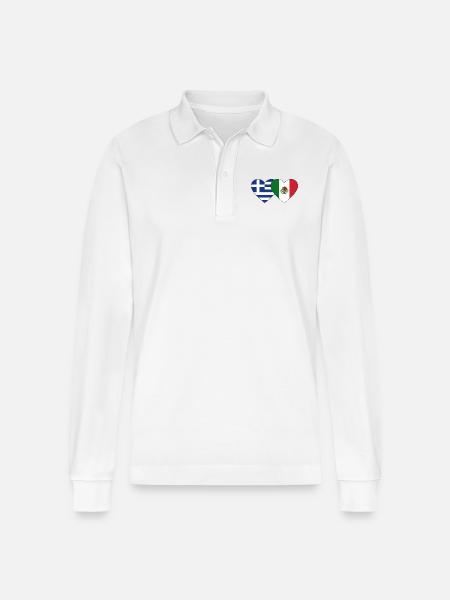 Greece Mexico Flag Heart - Stanley/Stella Organic Unisex Long-Sleeved Polo Shirt Prepster - white
