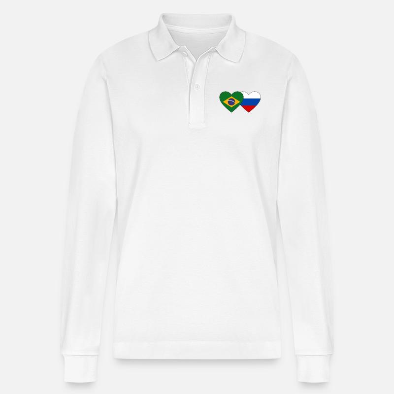 Brésil Russie Flag Coeur - Polo à manches longues bio PREPSTER Stanley/Stella Unisexe - blanc