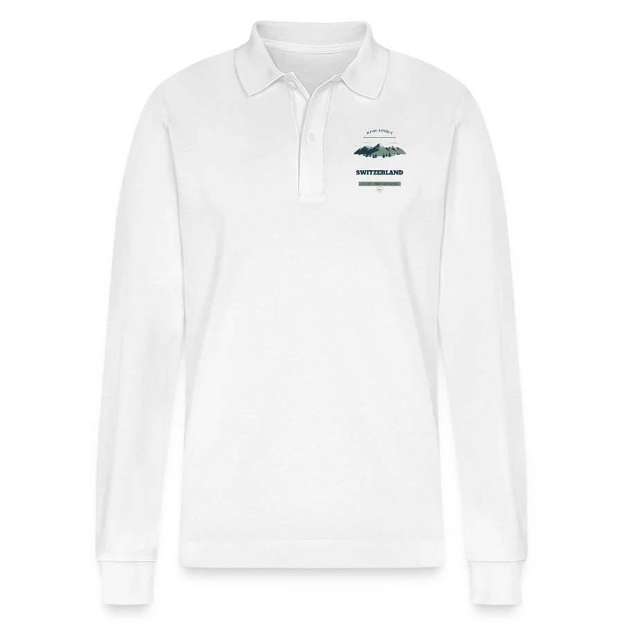Switzerland badge on a stanley/stella organic unisex long-sleeved polo shirt prepster, white