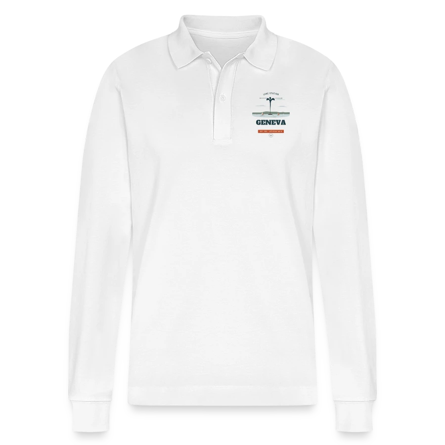Geneva badge on a stanley/stella organic unisex long-sleeved polo shirt prepster, white
