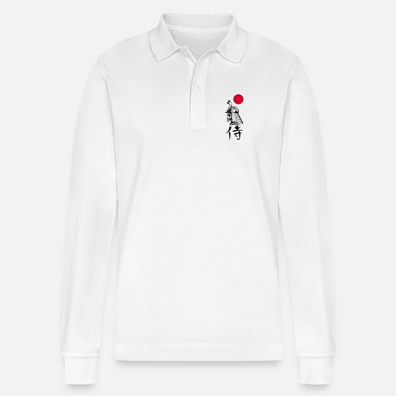 Schwarzer Samurai und Rote Sonne - Stanley/Stella Unisex Bio-Langarm-Poloshirt Prepster - Weiß