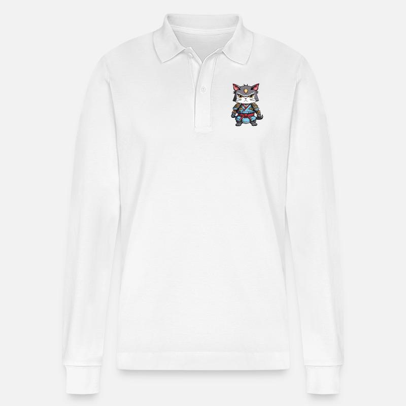 Samurai-Katze #14 - Stanley/Stella Unisex Bio-Langarm-Poloshirt Prepster - Weiß