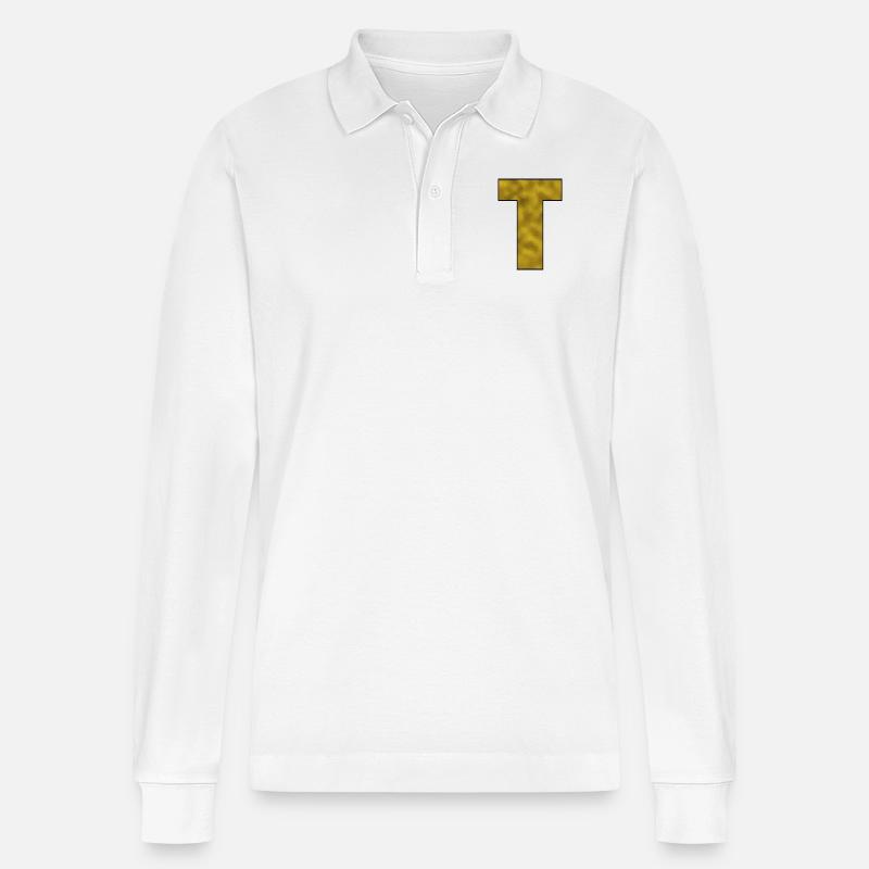 Buchstabe T Gold - Stanley/Stella Unisex Bio-Langarm-Poloshirt Prepster - Weiß
