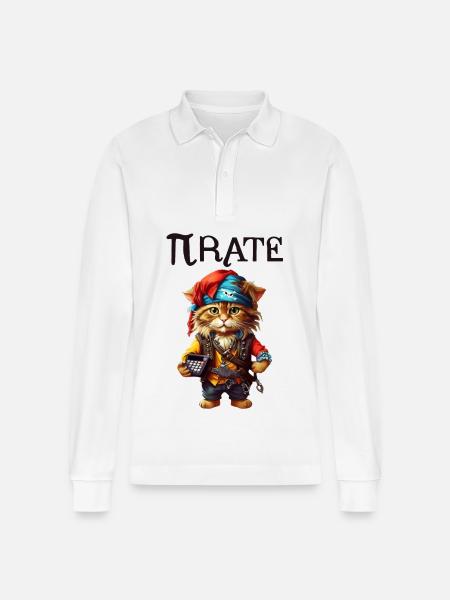 Pi day Pirate Cat - Stanley/Stella Organic Unisex Long-Sleeved Polo Shirt Prepster - white
