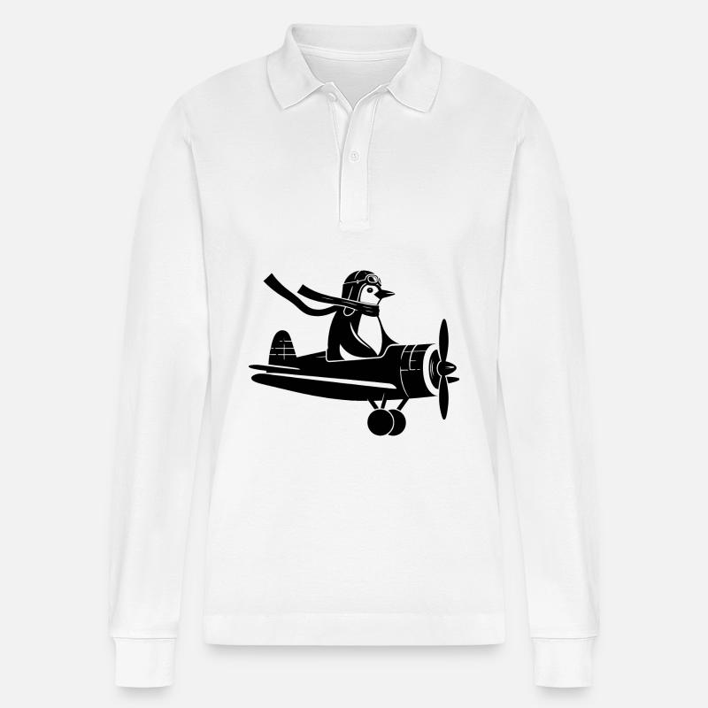Pinguin Piloten Silhouette Flugschein - Stanley/Stella Unisex Bio-Langarm-Poloshirt Prepster - Weiß